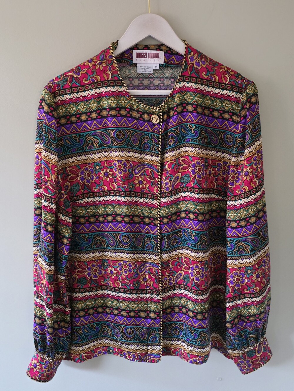 Maggy London 14 Vintage 80s Bohemian Artsy Paisley Floral Jewel Tone Silk Blouse